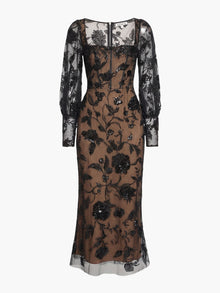 Illusion Murals Long Sleeve Corset Embellished Cocktail Maxi Dress | Black