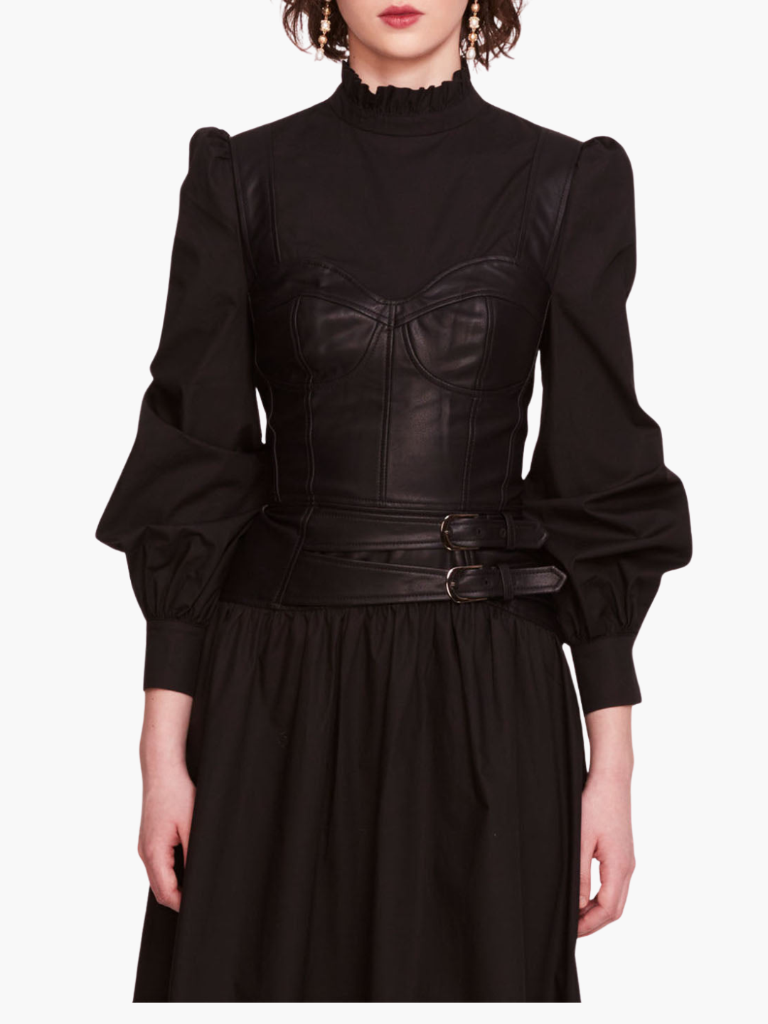 Faux Leather Poplin Corset Midi Dress | Black