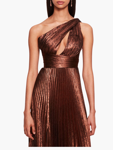 Metallic Lame Pleated Gown | Bronze