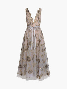 Illusion Murals Sleeveless Embroidered Tulle Midi Dress | Mixed Metals
