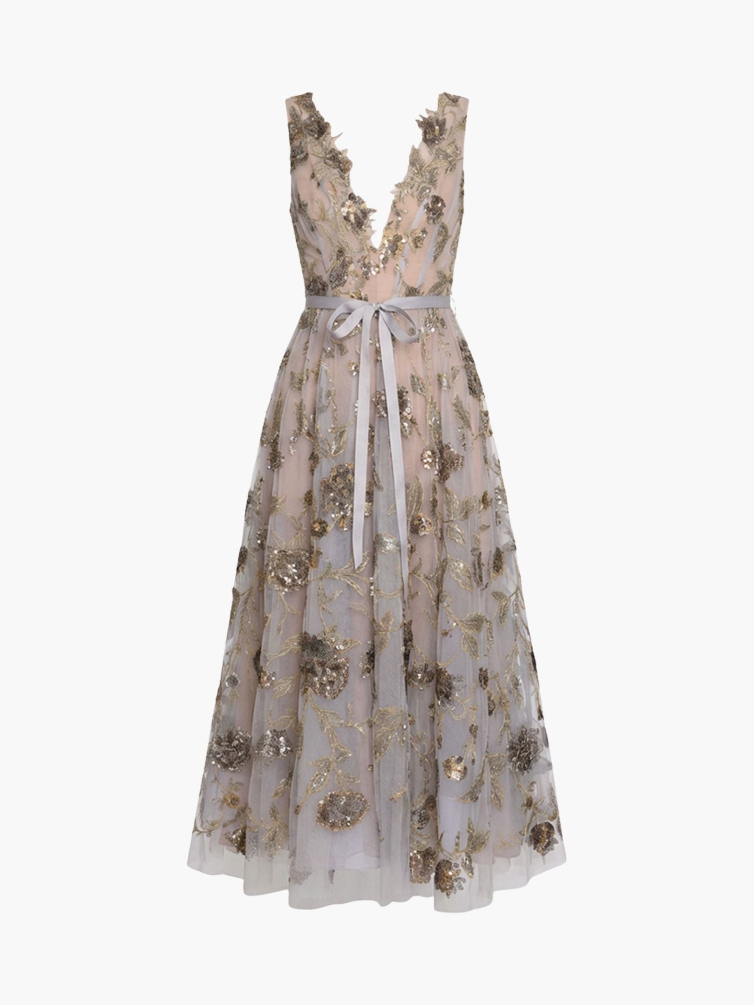 Illusion Murals Sleeveless Embroidered Tulle Midi Dress | Mixed Metals