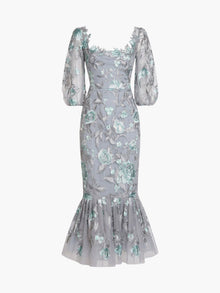 Botanist Bloom Embroidered Puff Sleeve Midi Dress | Mint