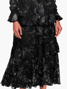Diantha Dress Ruffle Burnout Satin Midi Dress | Black