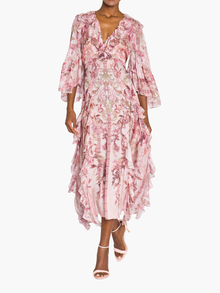 Reverie Cascading Ruffle Chiffon Midi Dress | Blush Multi