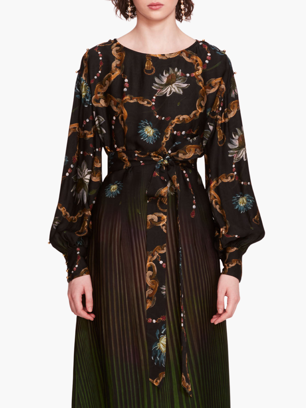 Viscose Georgette Billow Midi Dress | Green Multi