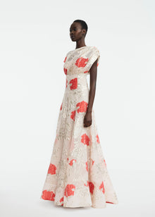 Floral Fil Coupe Draped Shoulder Pleated Gown | Blush Multi