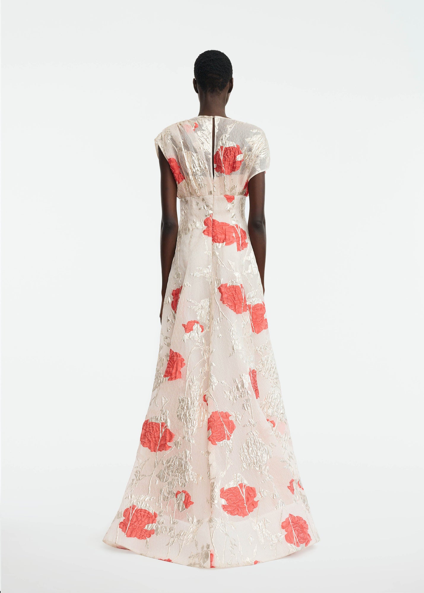 Floral Fil Coupe Draped Shoulder Pleated Gown | Blush Multi