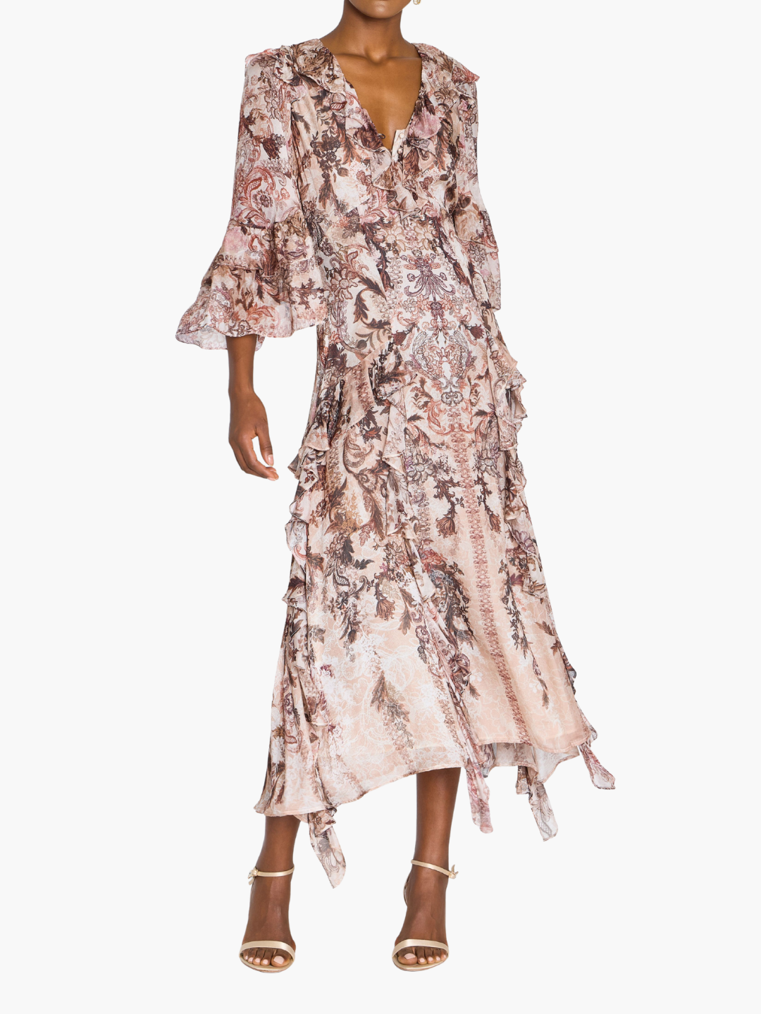 Reverie Cascading Ruffle Chiffon Midi Dress | Chocolate