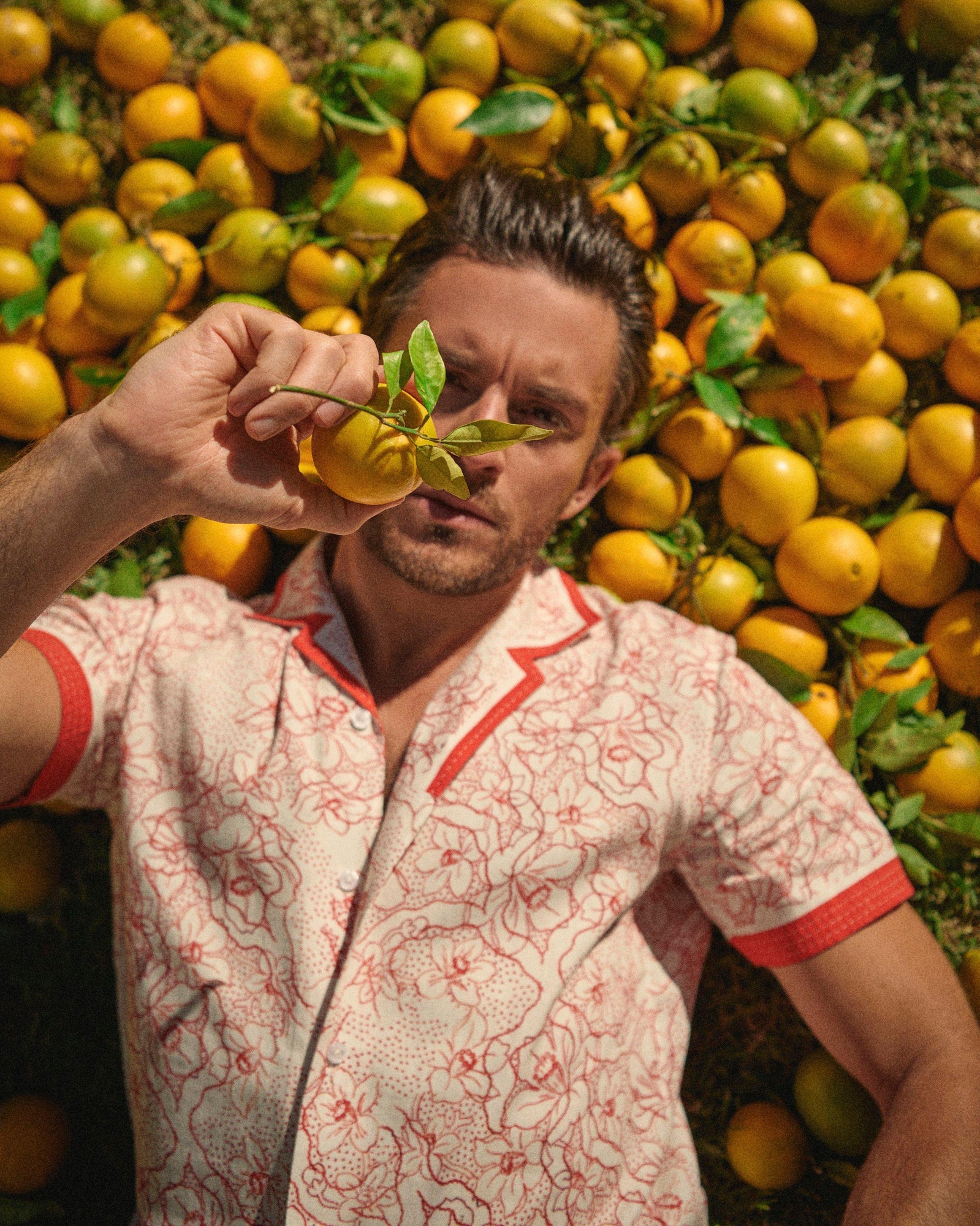 Hibbert Floral Nouveau Print Classic Fit Capri Collar Shirt in Summer Red/White Sand | Summer Red/White Sand