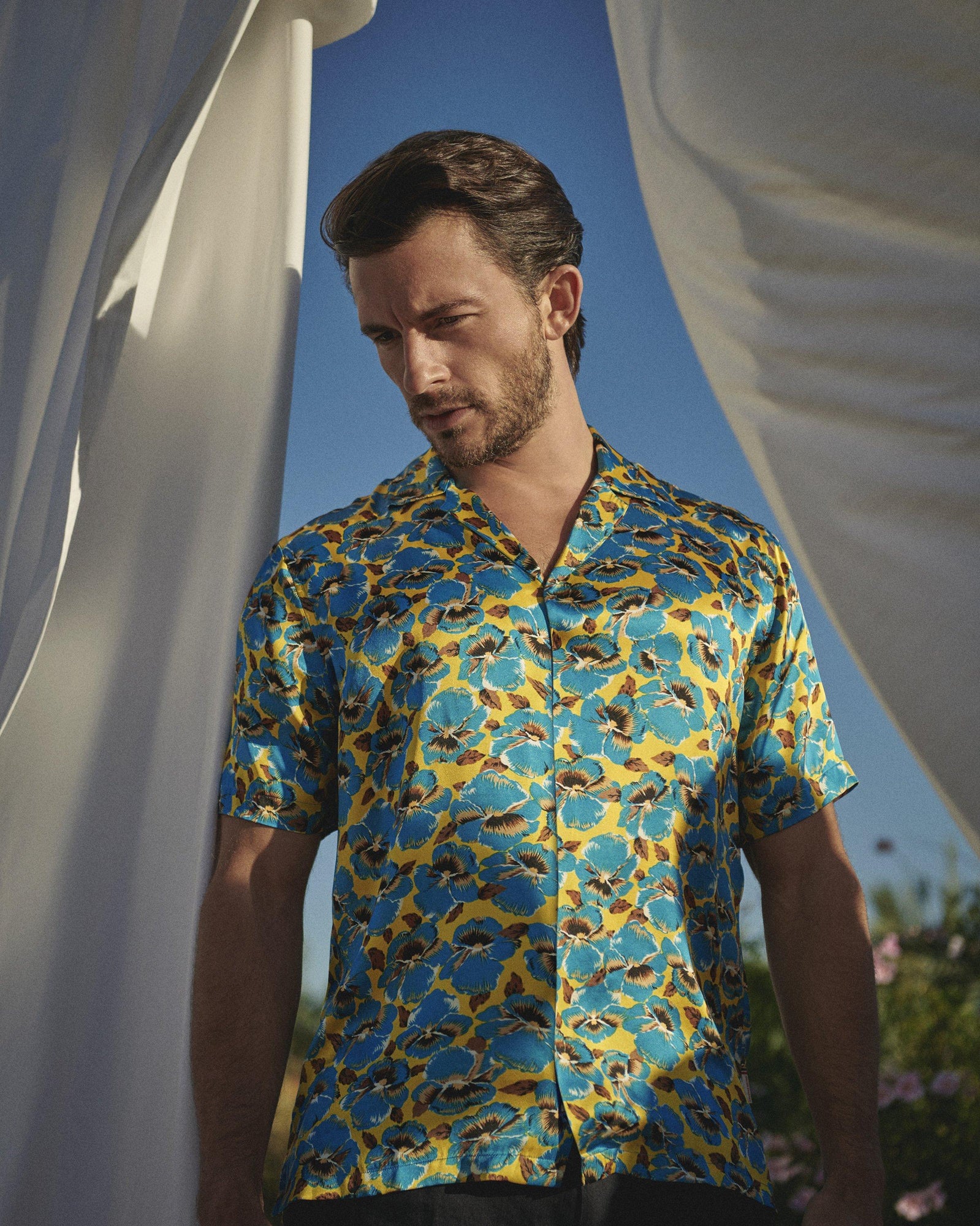 Petal Print Relaxed Fit Capri Collar Silk Shirt Woven In Italy in Lemon Meringue colour | Lemon Meringue