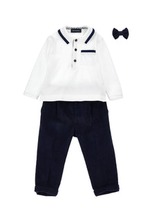 Boys | Elegant Suit With Pocket Square And Bow Tie | Cream/Blue