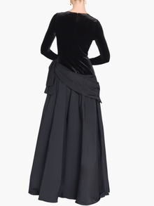 Stretch Velvet Long Sleeve Draped Bow Gown | Black