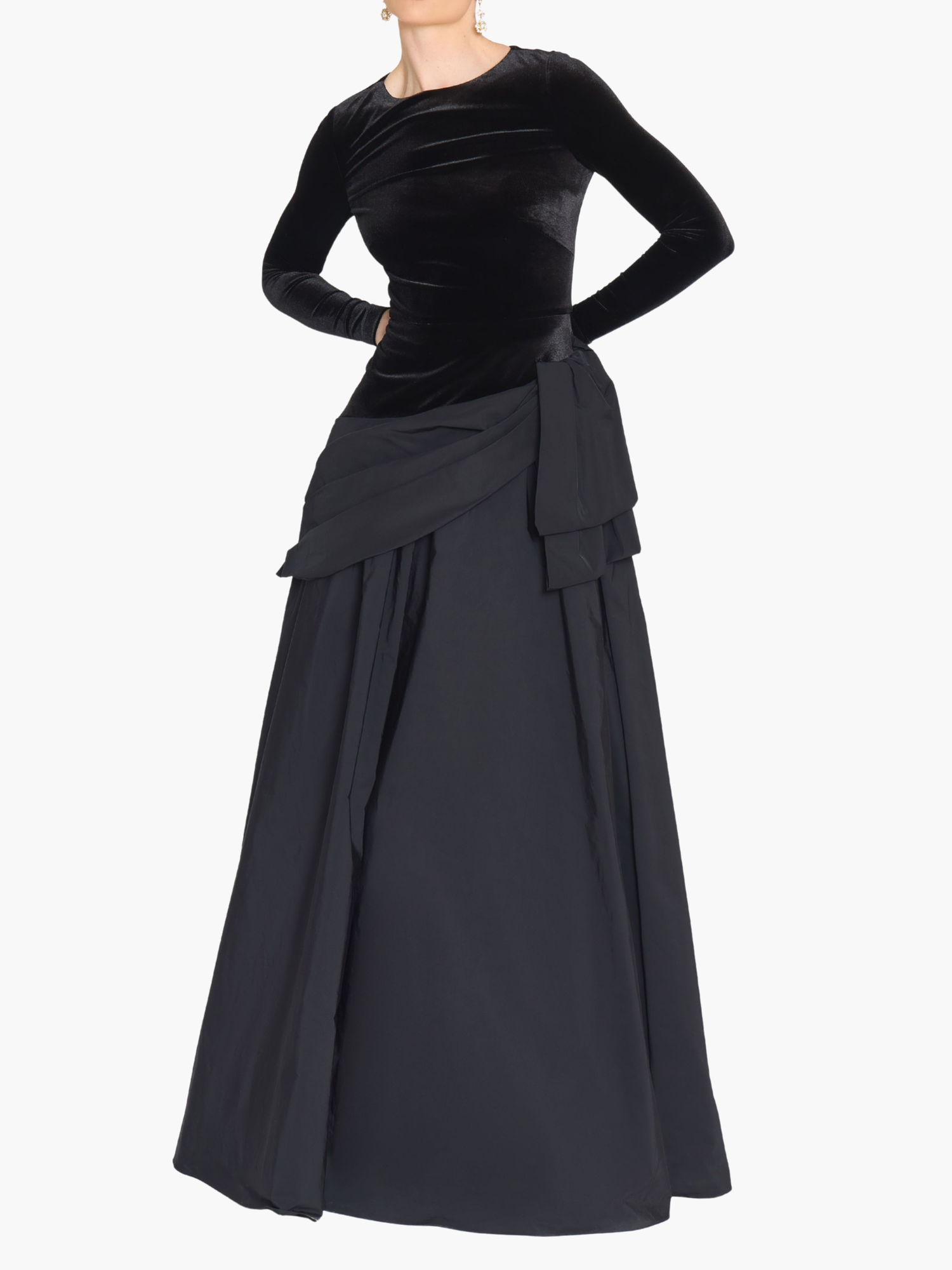 Stretch Velvet Long Sleeve Draped Bow Gown | Black