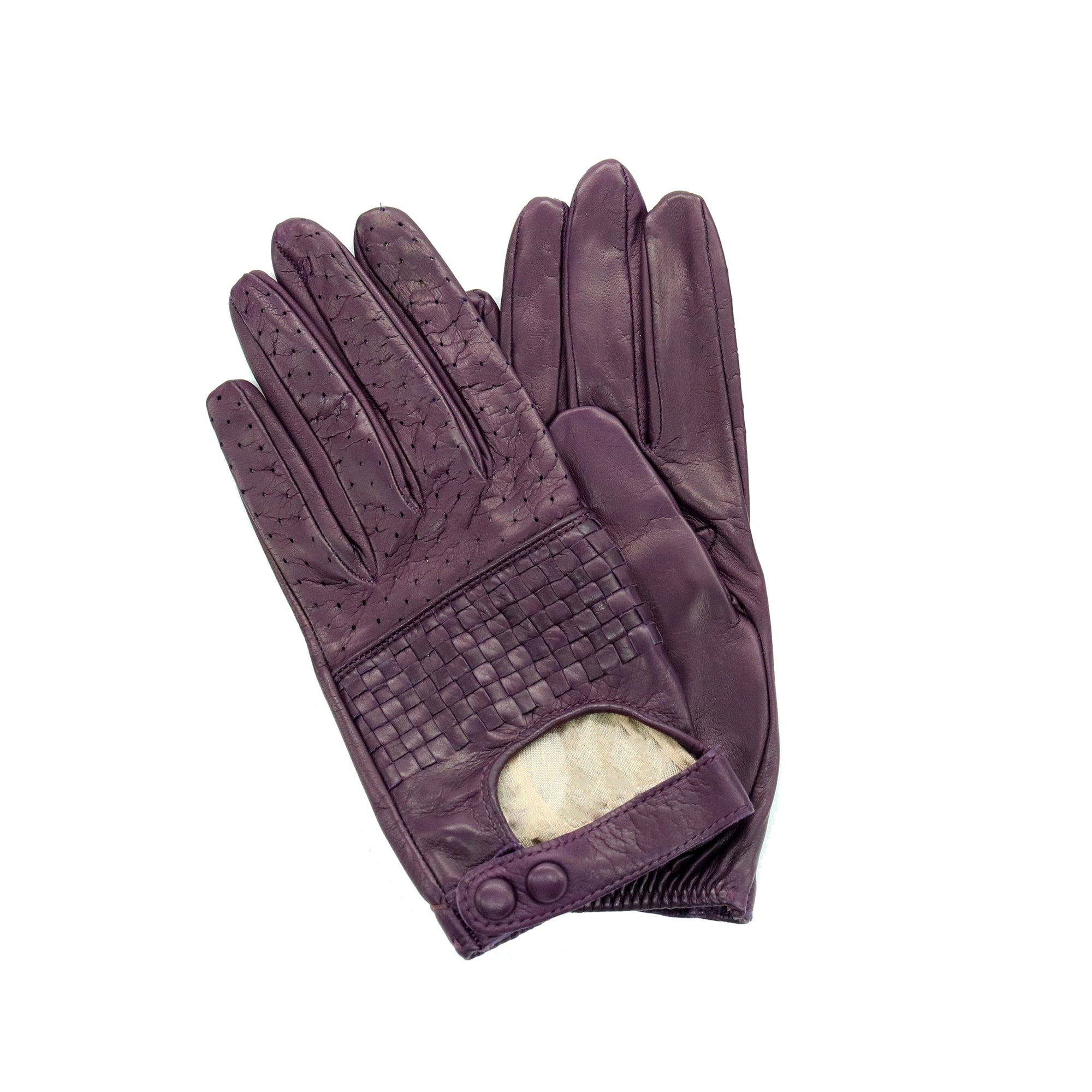 Short Leather Gloves In Basket Weave Design | Dark Currant