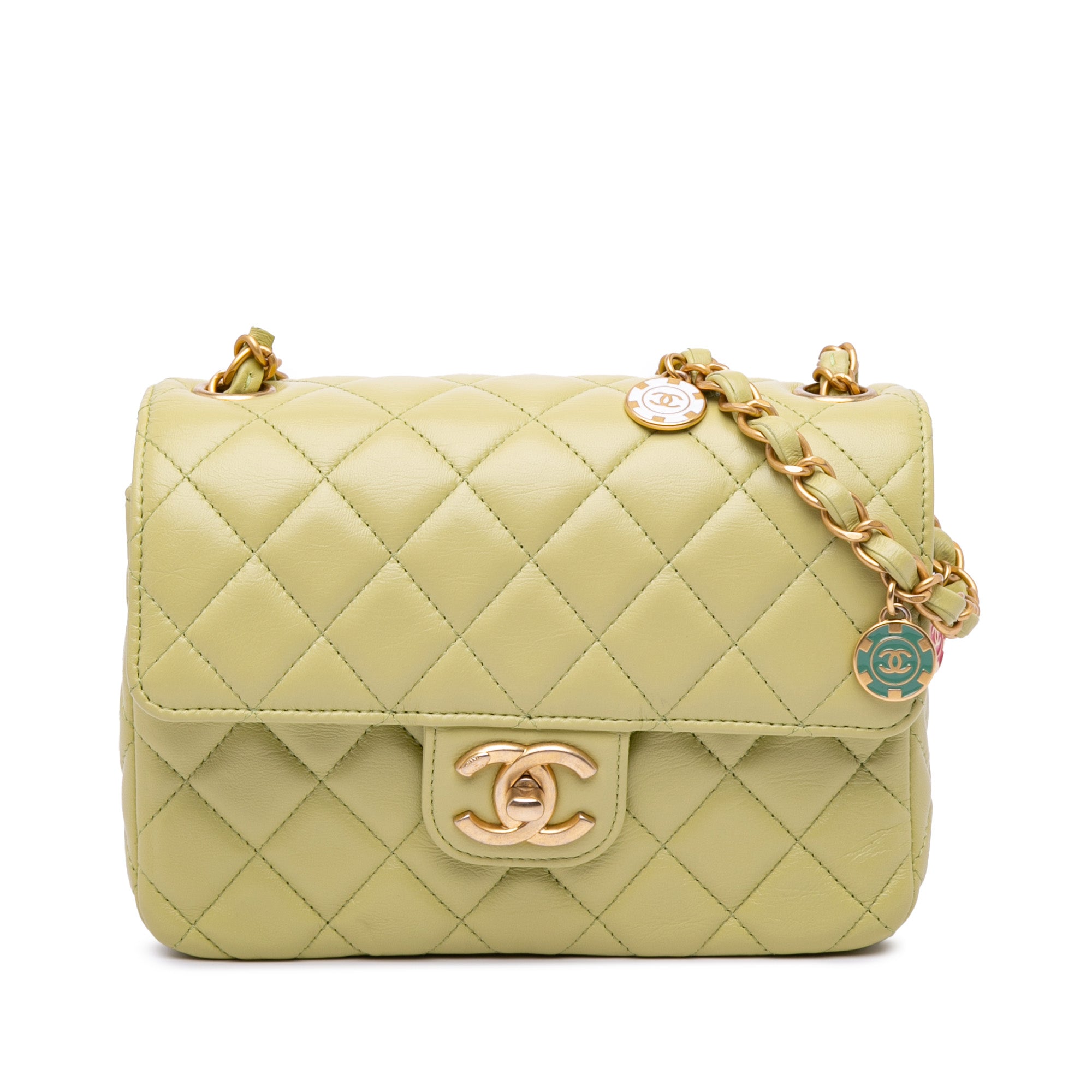 Chanel | Pre-Owned Mini Square Lambskin Casino Royale Charms Single Flap | Green/Light Green