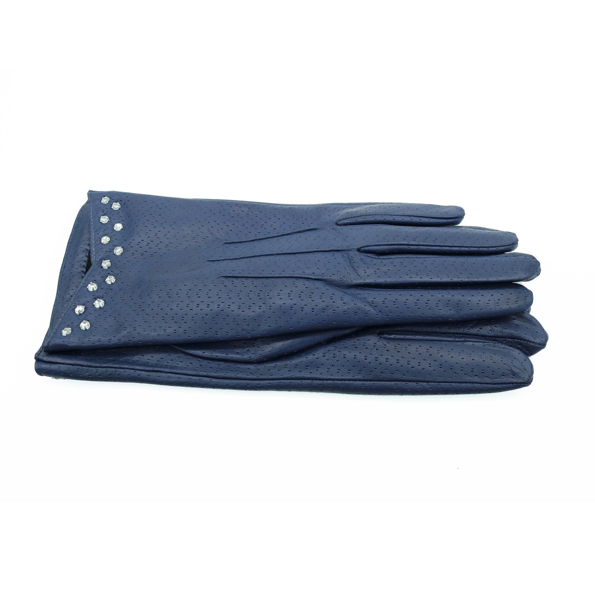 Leather Gloves With Stones On Cuff | Navy