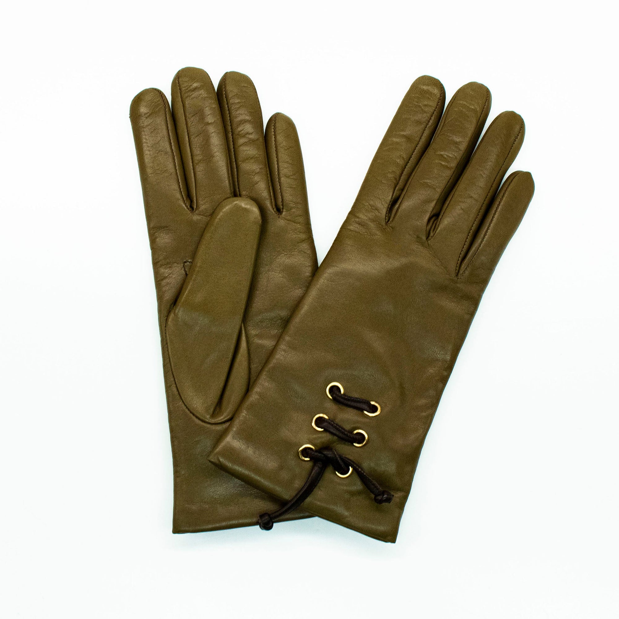 Leather Gloves With Shoelace Accent | Olive Green