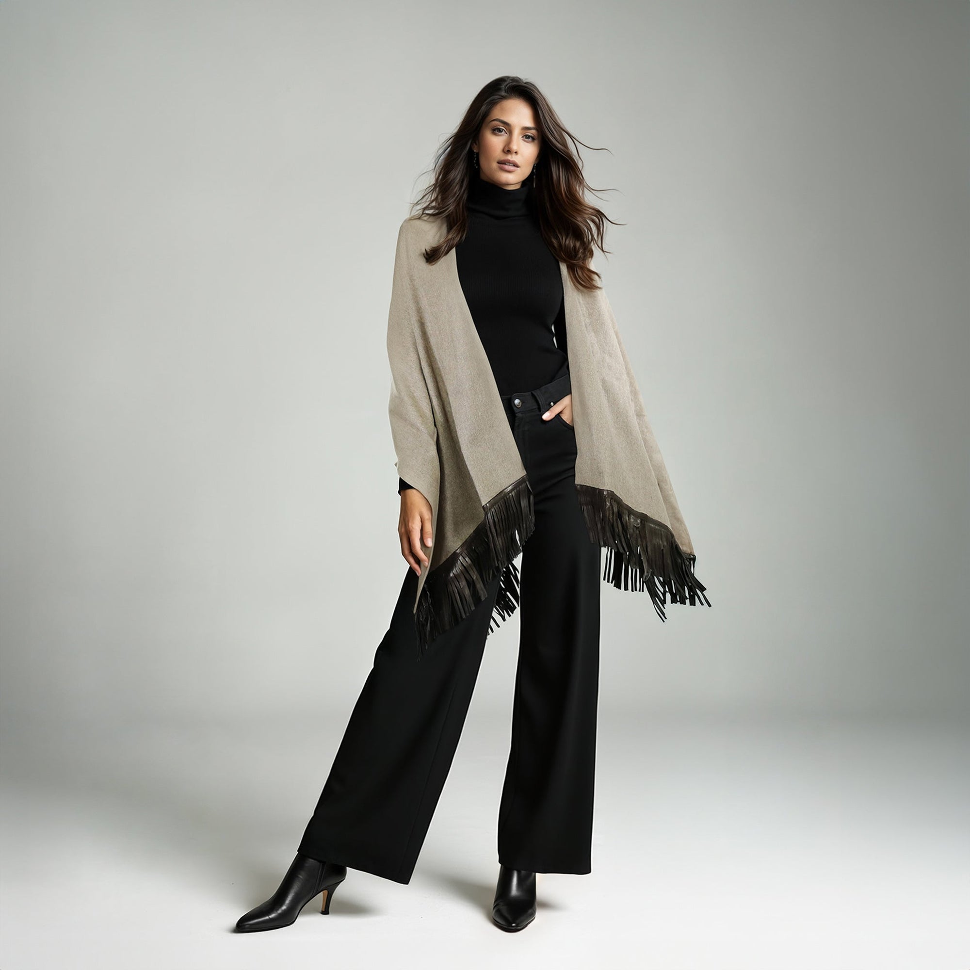 Wool Ruana With Leather Fringes | Nile Brown