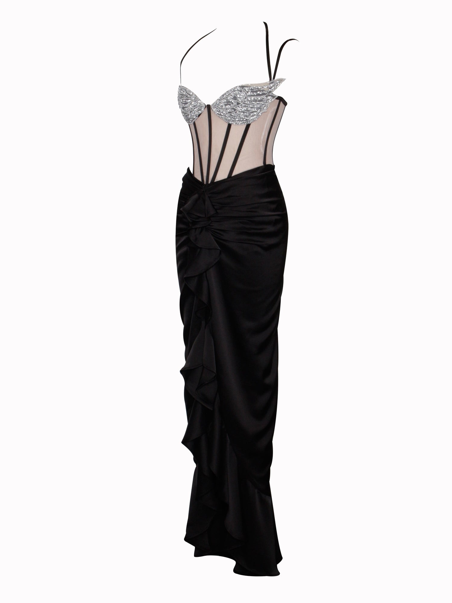 Rafaela Satin Corset Sequin Wing Cup Dress | Black