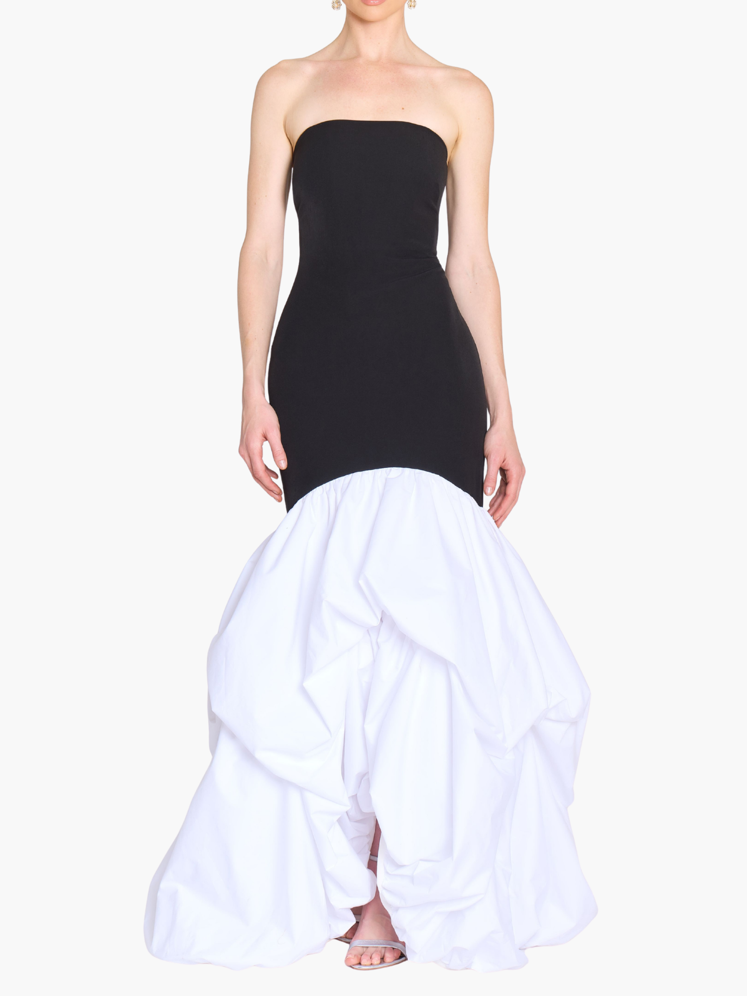 Strapless Drop Waist Mermaid Taffeta Pouf Gown | Black/White