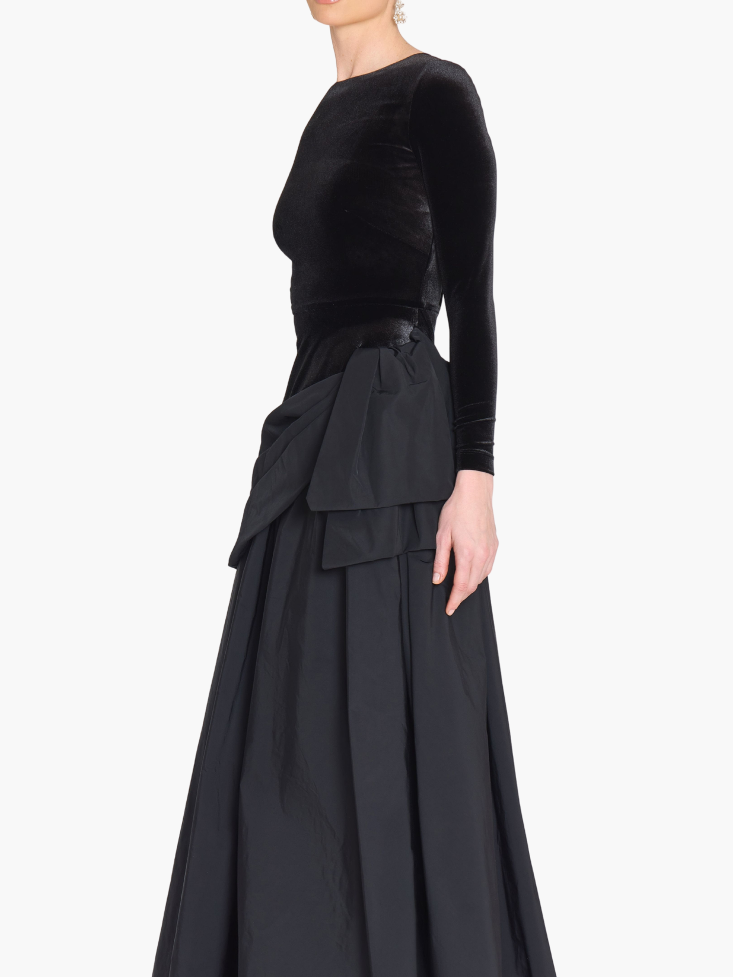 Stretch Velvet Long Sleeve Draped Bow Gown | Black