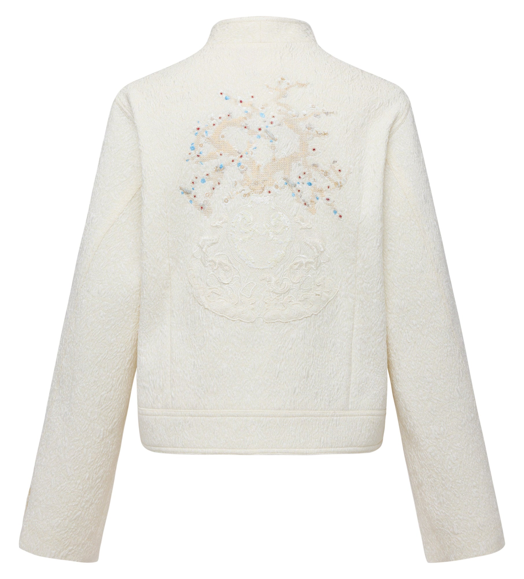 Wool Stand Collar Embroidered Coat | White