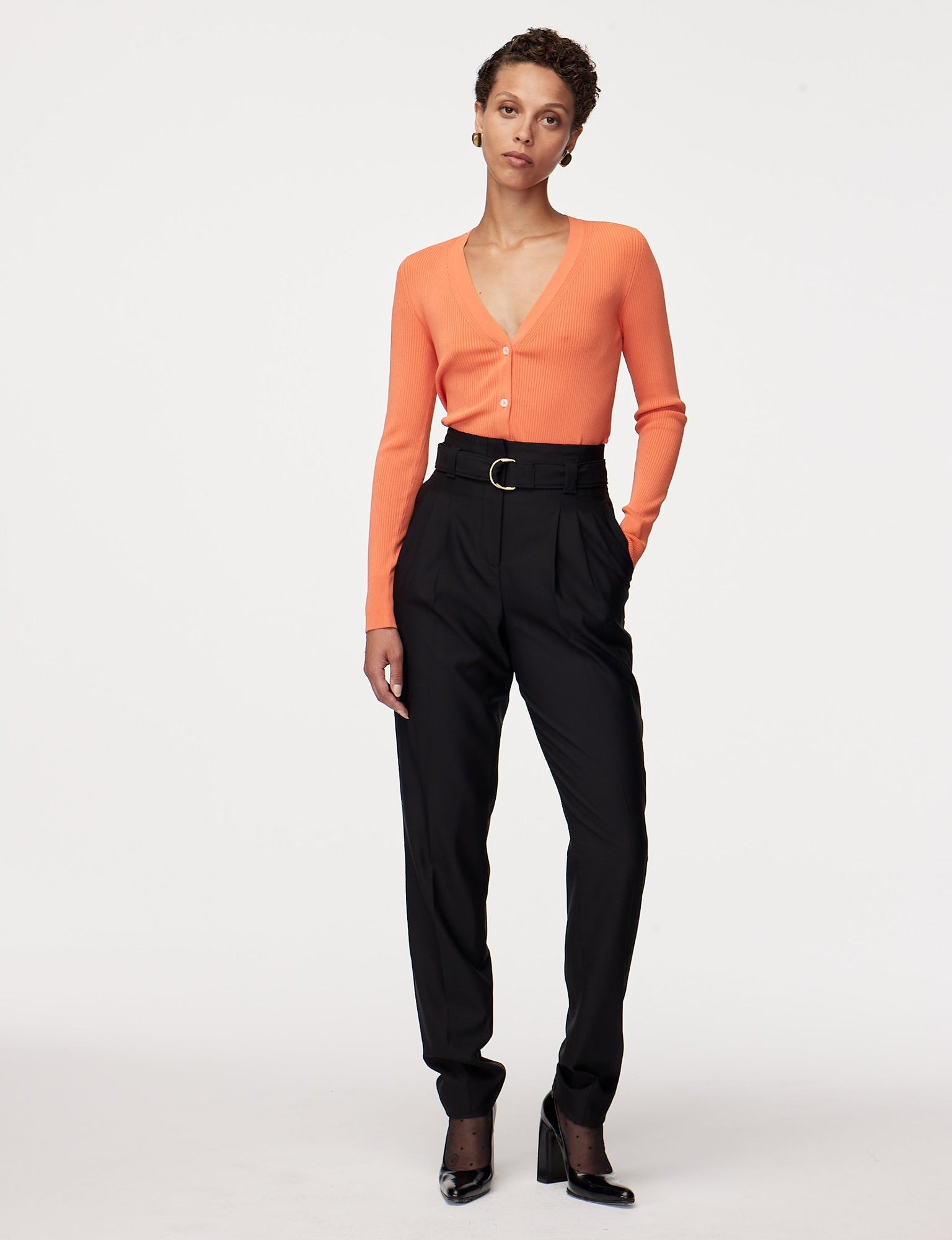 Another Tomorrow Ribbed Cardigan in Tangerine – Viscose Women's Knitwear
