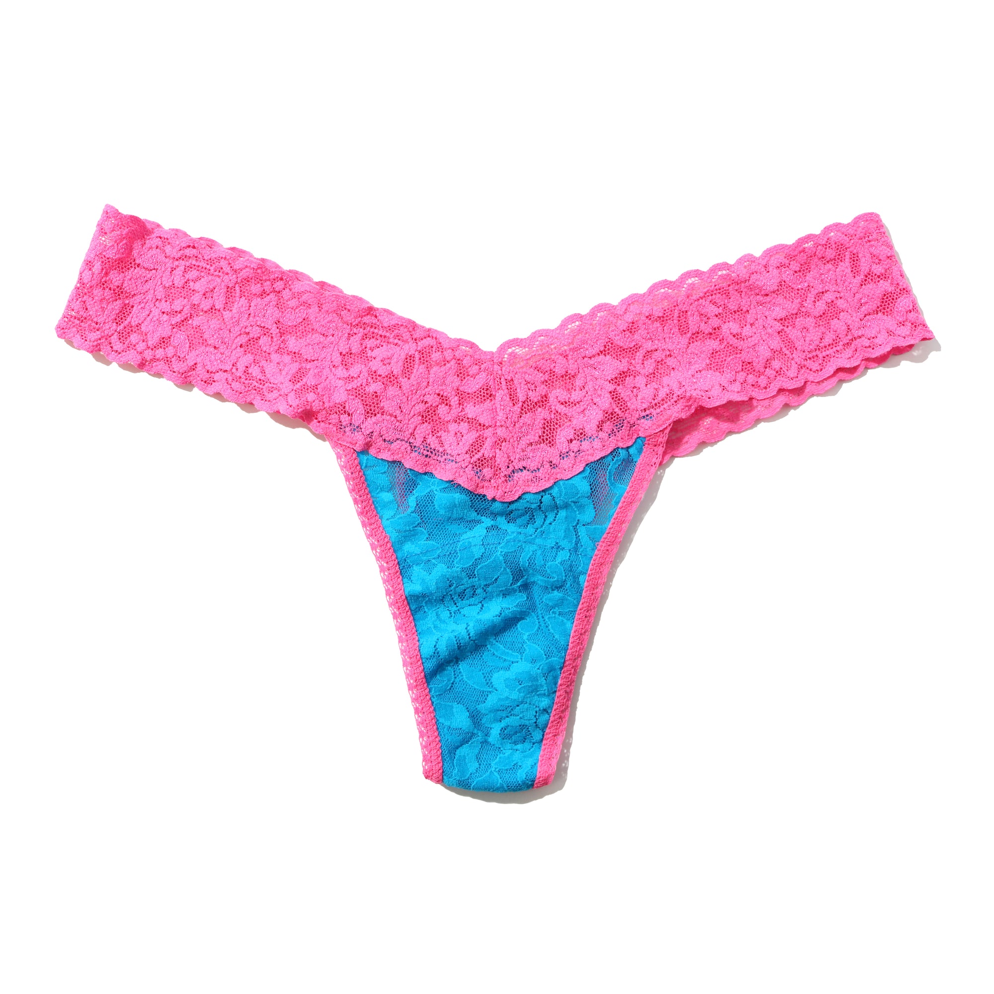 Signature Lace Low Rise Thong | Island Blue/Fiesta Pink