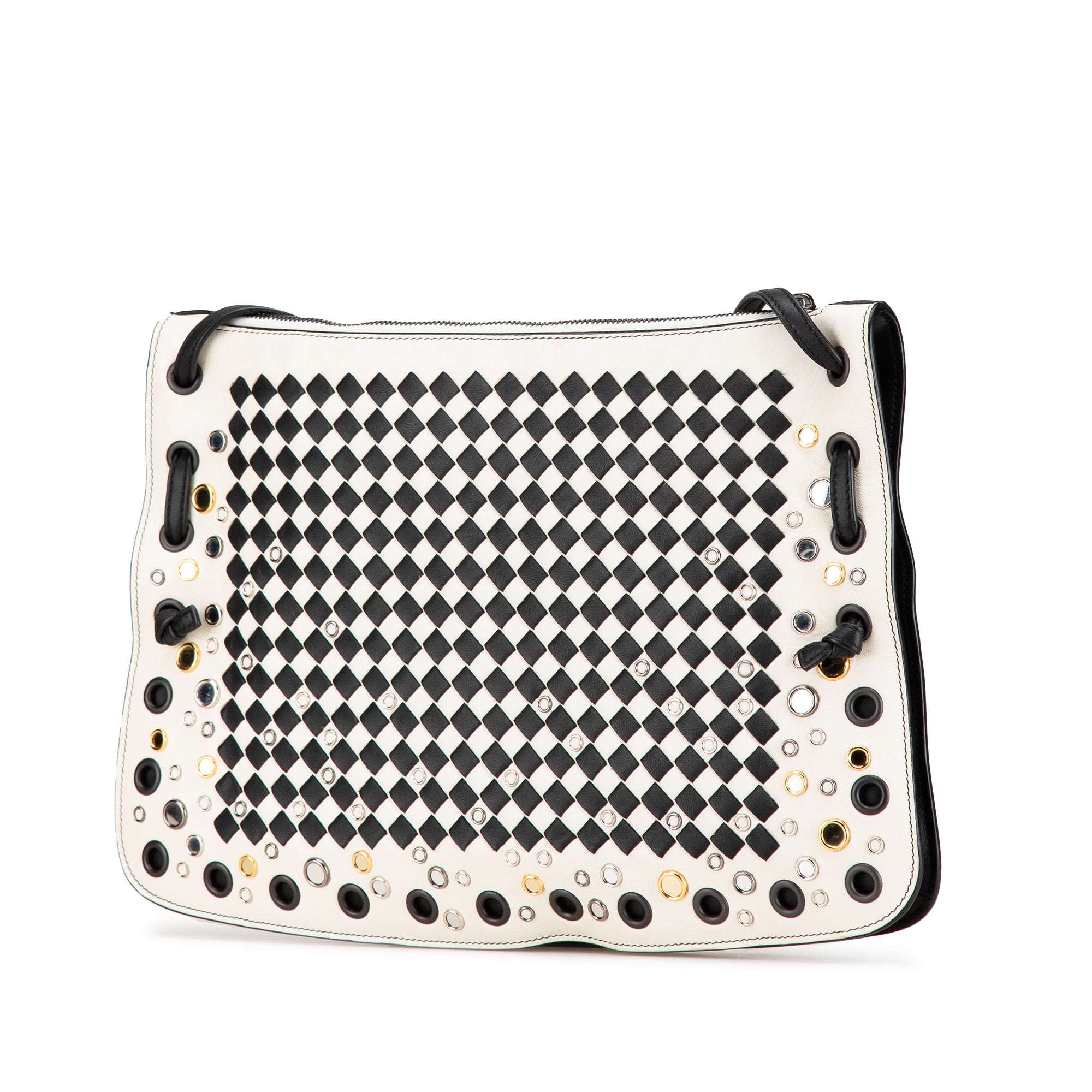 Bottega Veneta | Pre-Owned Nappa Intrecciato Check Grommet Palio Crossbody | White/Black