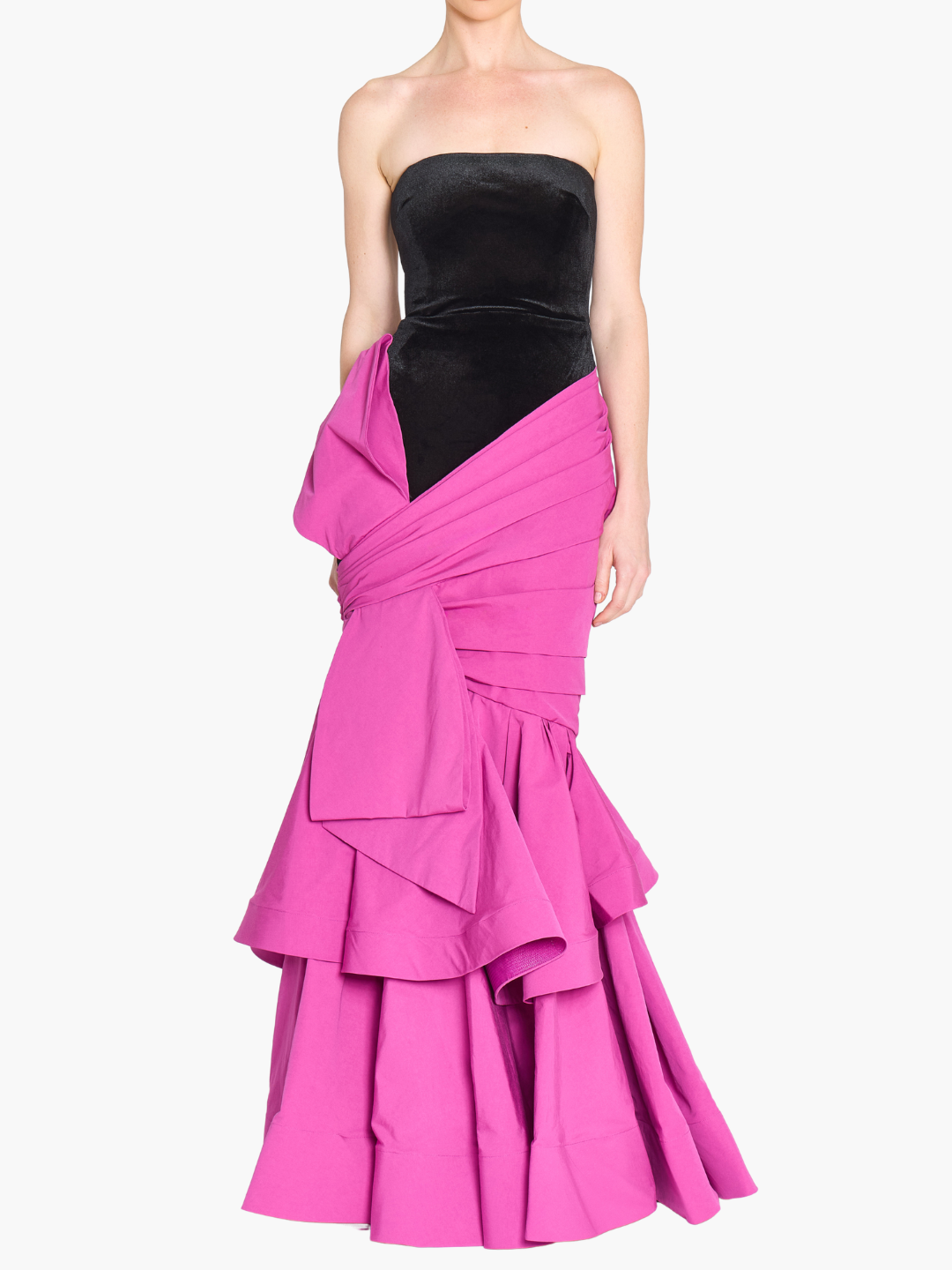 Stretch Velvet Strapless Gown With Draped Cotton Structure | Black/Fuchsia