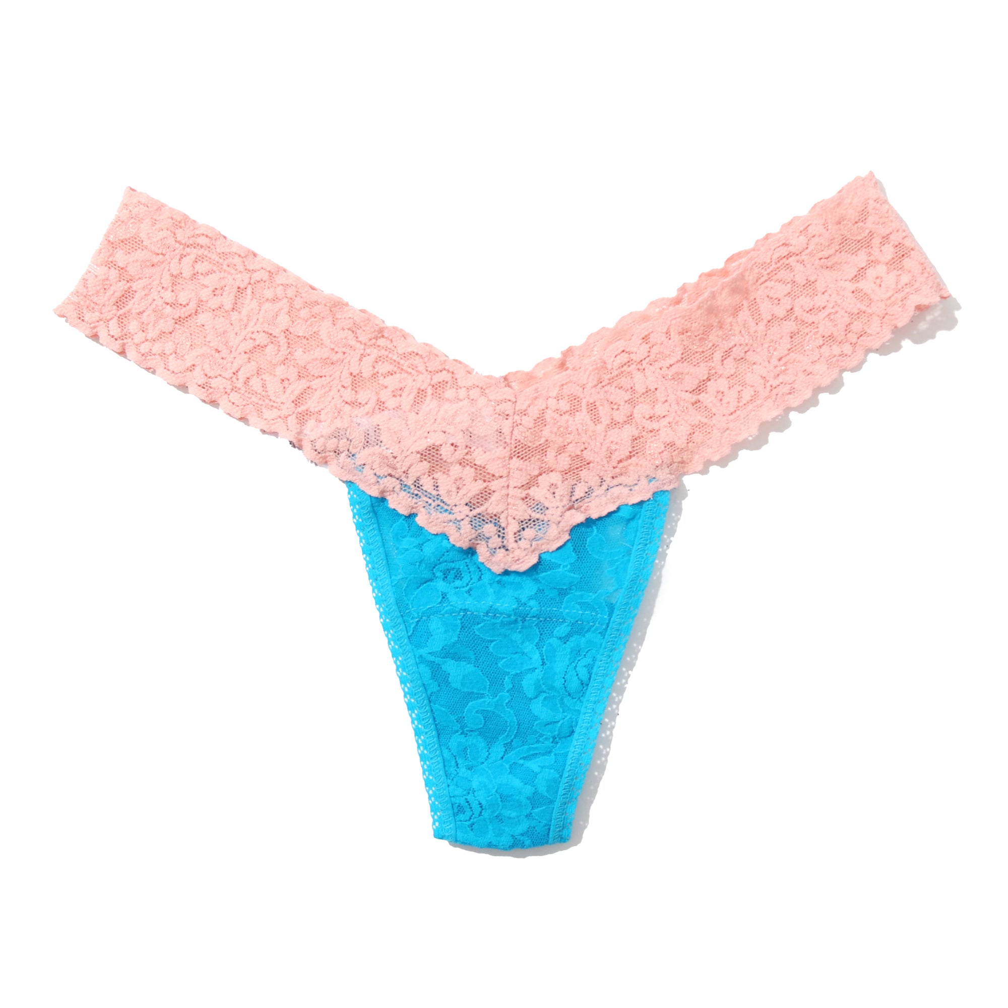 Signature Lace Low Rise Thong | Island Blue/Rosita Pink