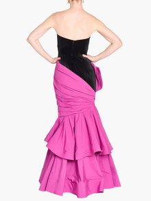 Stretch Velvet Strapless Gown With Draped Cotton Structure | Black/Fuchsia