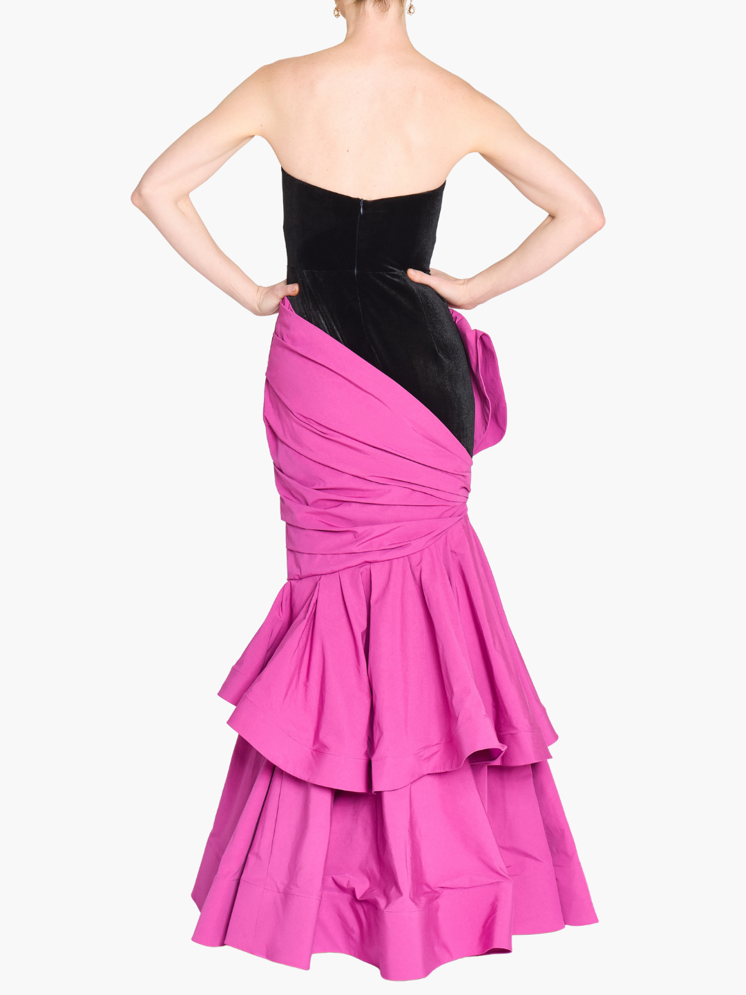 Stretch Velvet Strapless Gown With Draped Cotton Structure | Black/Fuchsia