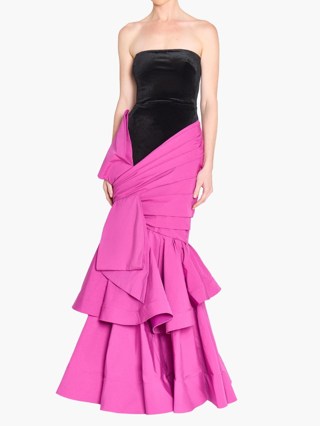 Stretch Velvet Strapless Gown With Draped Cotton Structure | Black/Fuchsia