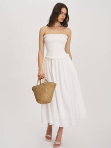Quadiya Cotton Seersucker Smocked Strapless Midi Dress | White