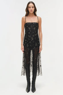 Black lace midi dress with delicate embellishments, thin straps, and sheer lace panels at the hem.