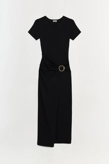 Black knit midi dress with short sleeves, V-neckline, and gold buckle detail at the waist.