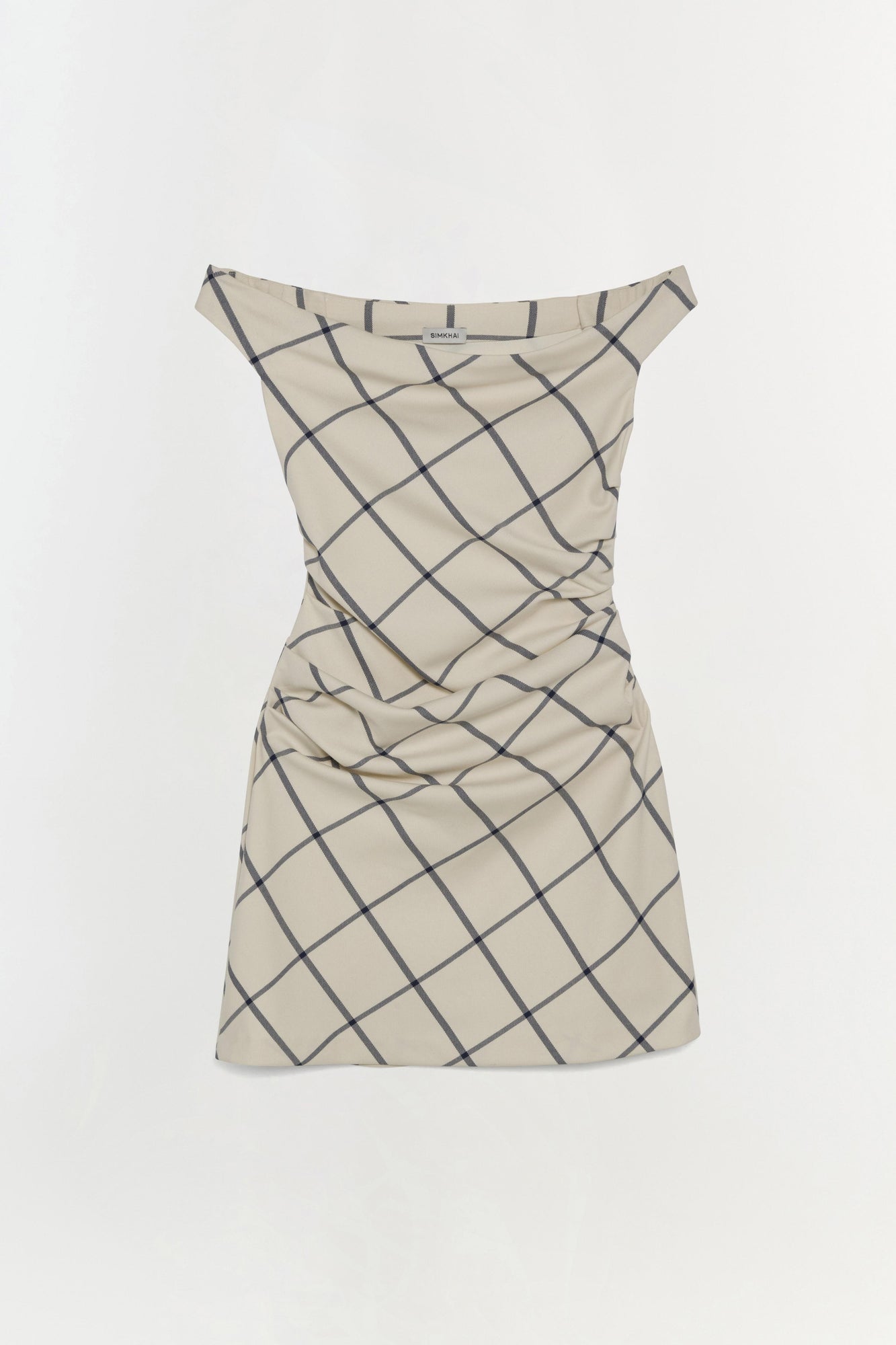 Cream mini dress with charcoal geometric grid pattern and ruched side detailing.