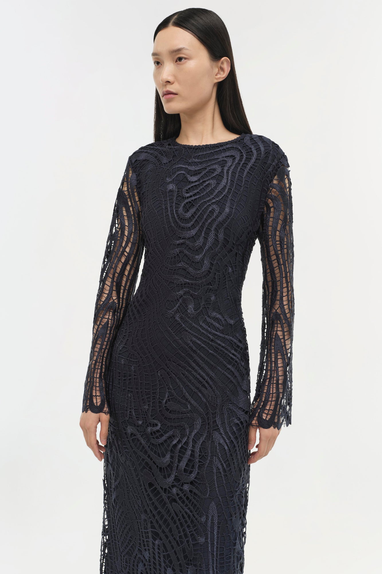 Black lace long-sleeve dress with geometric pattern and sheer sleeves on a model against white background.