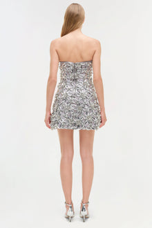 Silver beaded strapless mini dress with ornate floral embellishments throughout, shown from back view.
