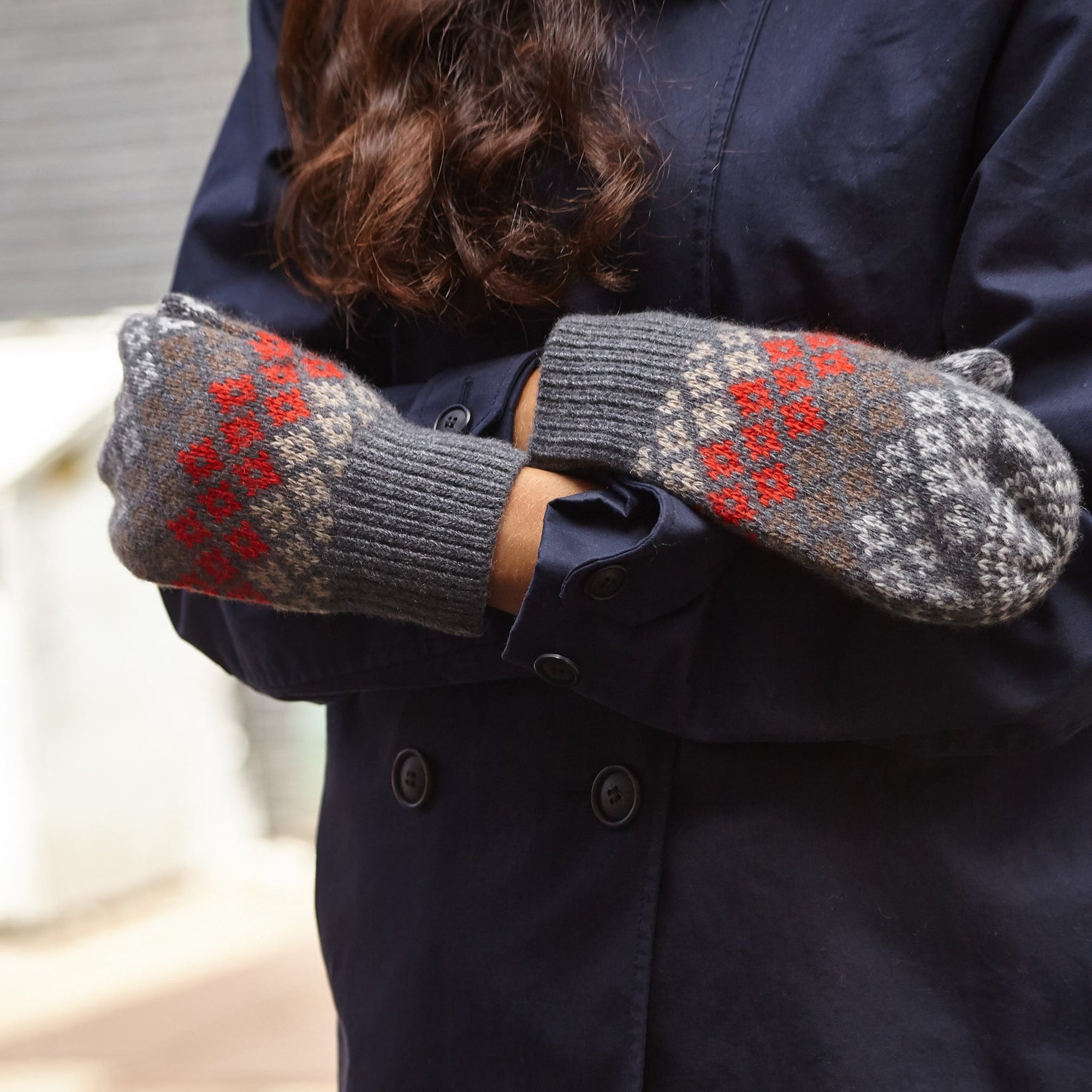 Cashmere Mitten Gloves In Fancy Design | Dark Grey Combo