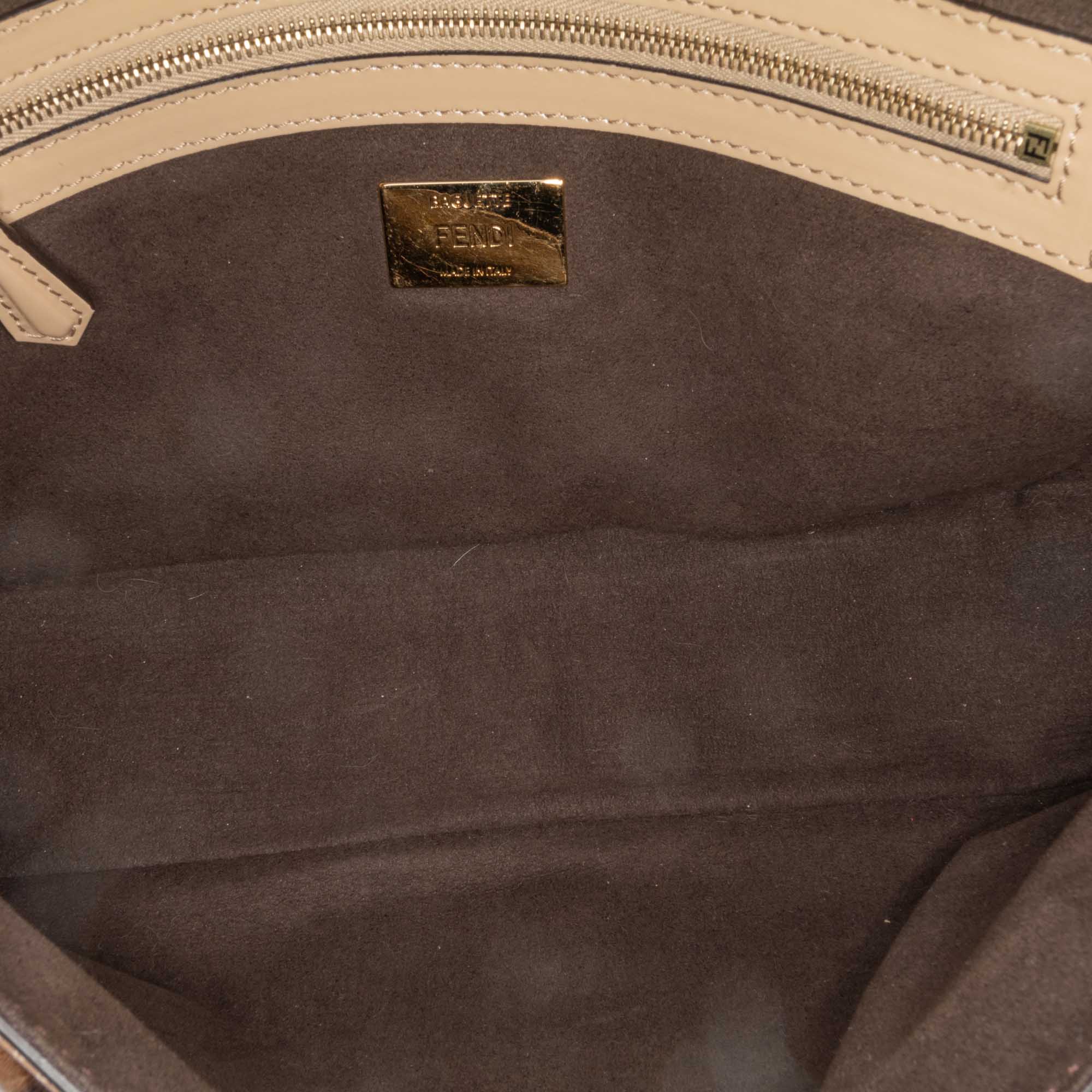 Fendi | Pre-Owned Shearling Pequin Baguette Satchel | Brown/Beige