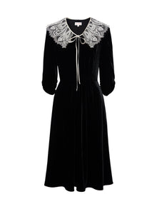 Lace Collar Velvet Knee Length Dress | Black