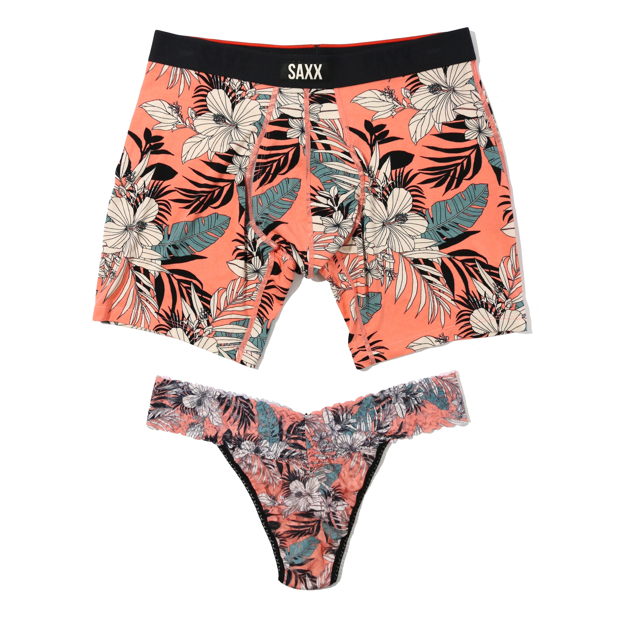 Signature Lace Original Rise Thong & Saxx Boxer Brief | Hibiscus Jungle-Coral
