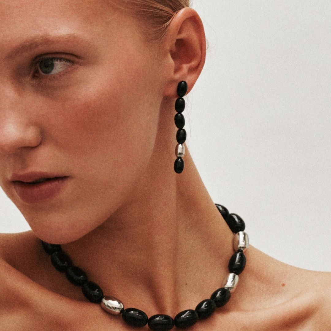 Edith Earrings | Silver PVD Plated Stainless Steel/Black Resin Beads