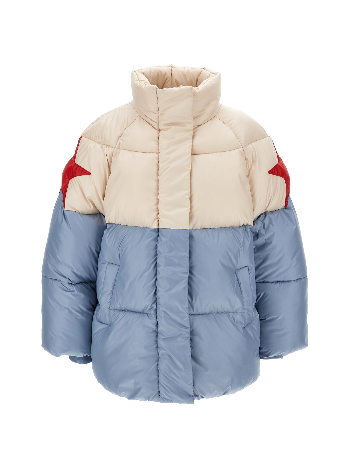 Girls | Padded Polyester Jacket With Stars | Ecru/Powder Blue