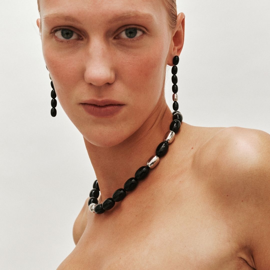 Edith Earrings | Silver PVD Plated | Black Resin