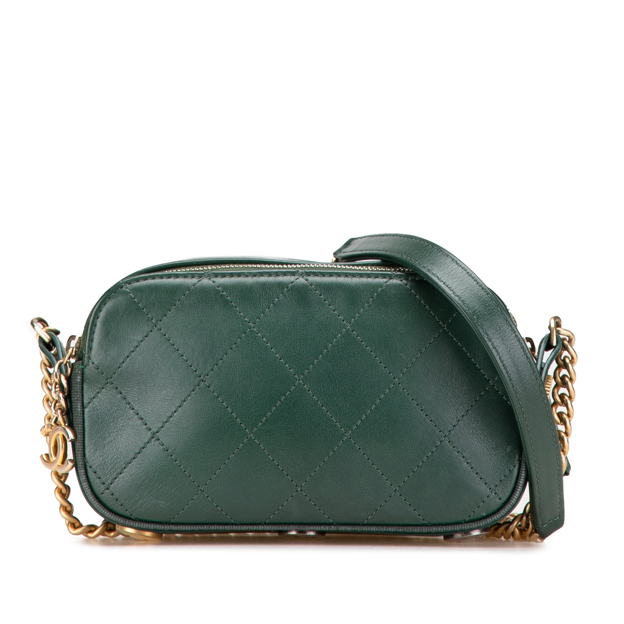 Chanel | Pre-Owned Stitched Calfskin and Grosgrain Button Up Double Zip Camera Bag | Green/Dark Green