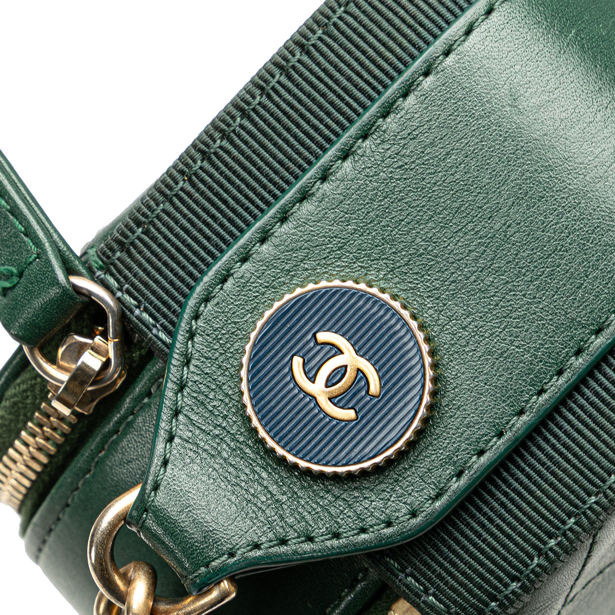 Chanel | Pre-Owned Stitched Calfskin and Grosgrain Button Up Double Zip Camera Bag | Green/Dark Green