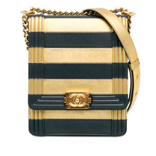 Chanel | Pre-Owned Metallic Lambskin Striped North South Boy Flap | Gold